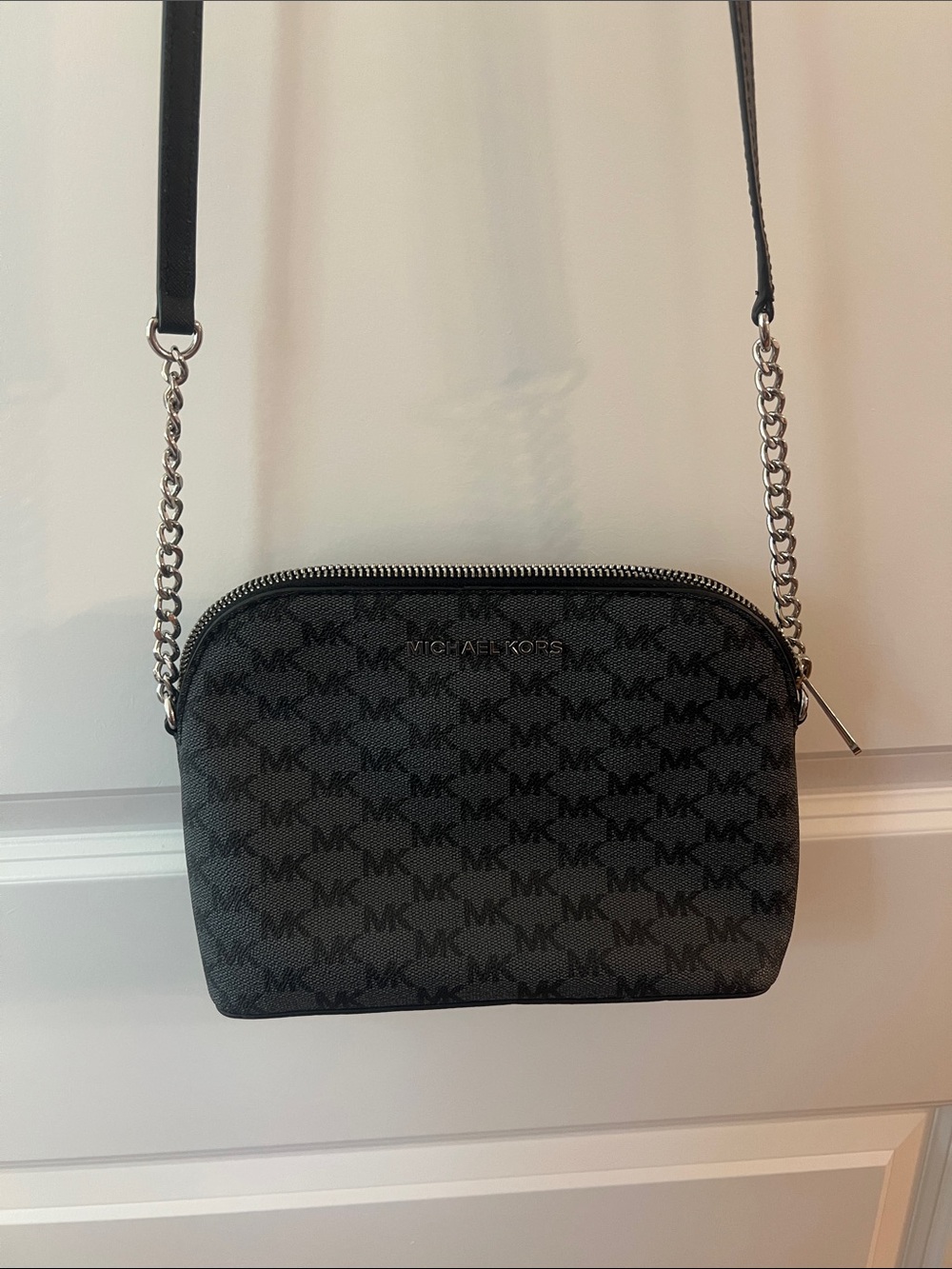 Michael Kors Black MK Monogram Crossbody Bag with Silver Chain